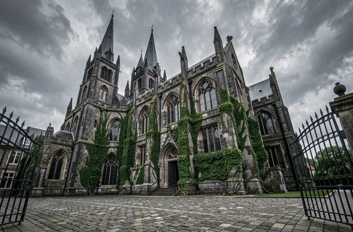 Façade majestueuse d'une académie fantastique en pierre gothique sombre avec des tours en flèche et une cour en pavés, inspirée de l'univers de l'académie des démons
