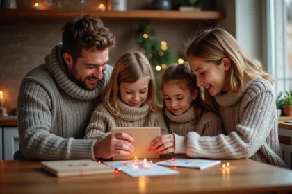 Famille avec calendrier de l'Avent en hiver chaleureux