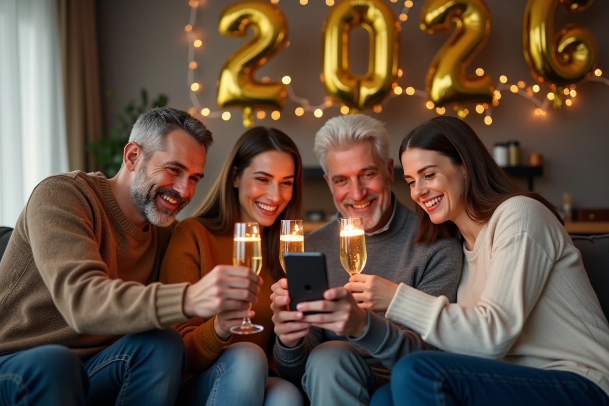 Famille réunie pour partager un message Bonne Année 2026 par smartphone avec des coupes de champagne