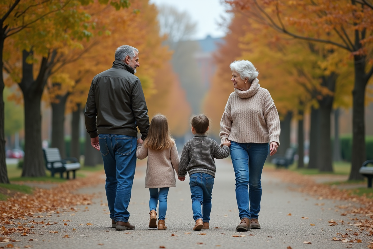 Trois générations en promenade dans un parc urbain