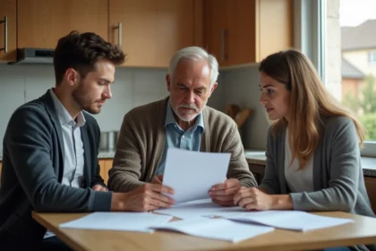 Famille réunie à la cuisine pour lire des documents importants