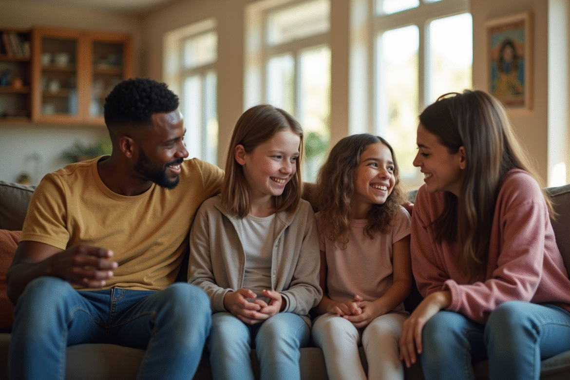 Famille moderne diversifiée dans un salon chaleureux