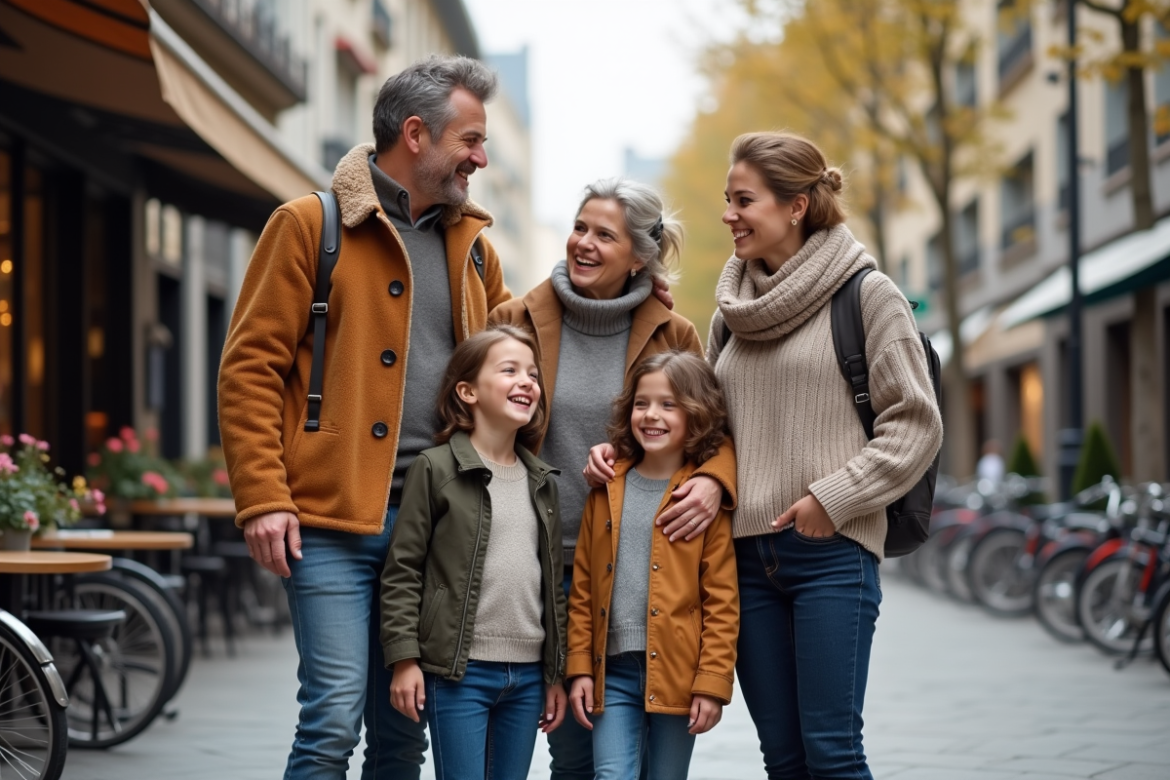 Famille souriante de cinq personnes dans une ville moderne