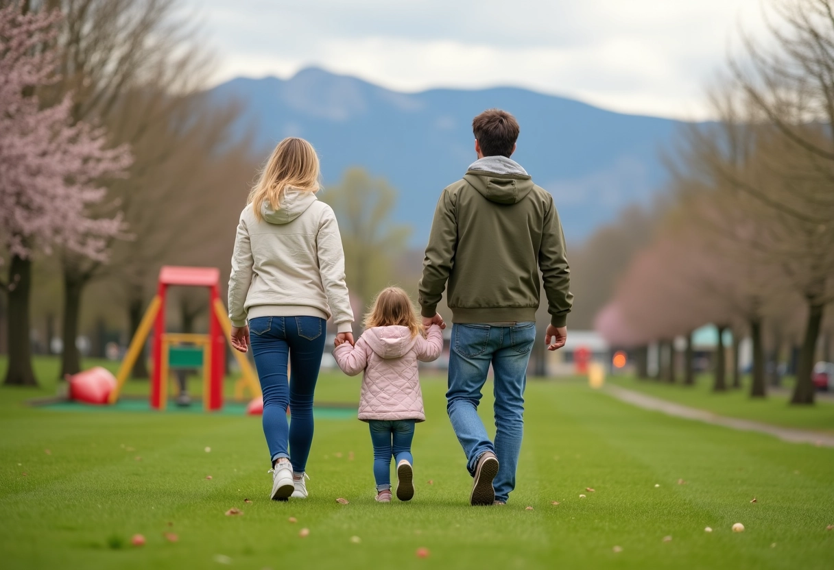Famille marchant dans un parc au printemps avec jeux et arbres en fleurs
