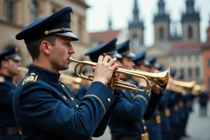 Fanfare militaire française en uniforme de cérémonie jouant devant la cathédrale de Strasbourg