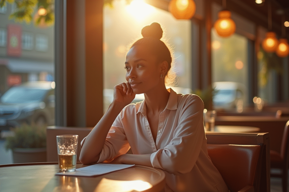 Femme afro-américaine pensante au café en matinée