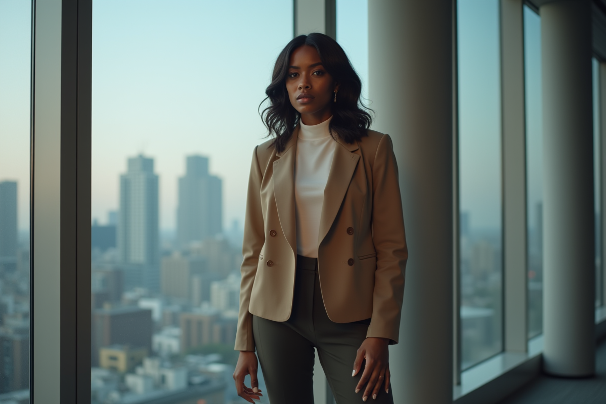 Femme élégante dans un bureau moderne avec vue urbaine