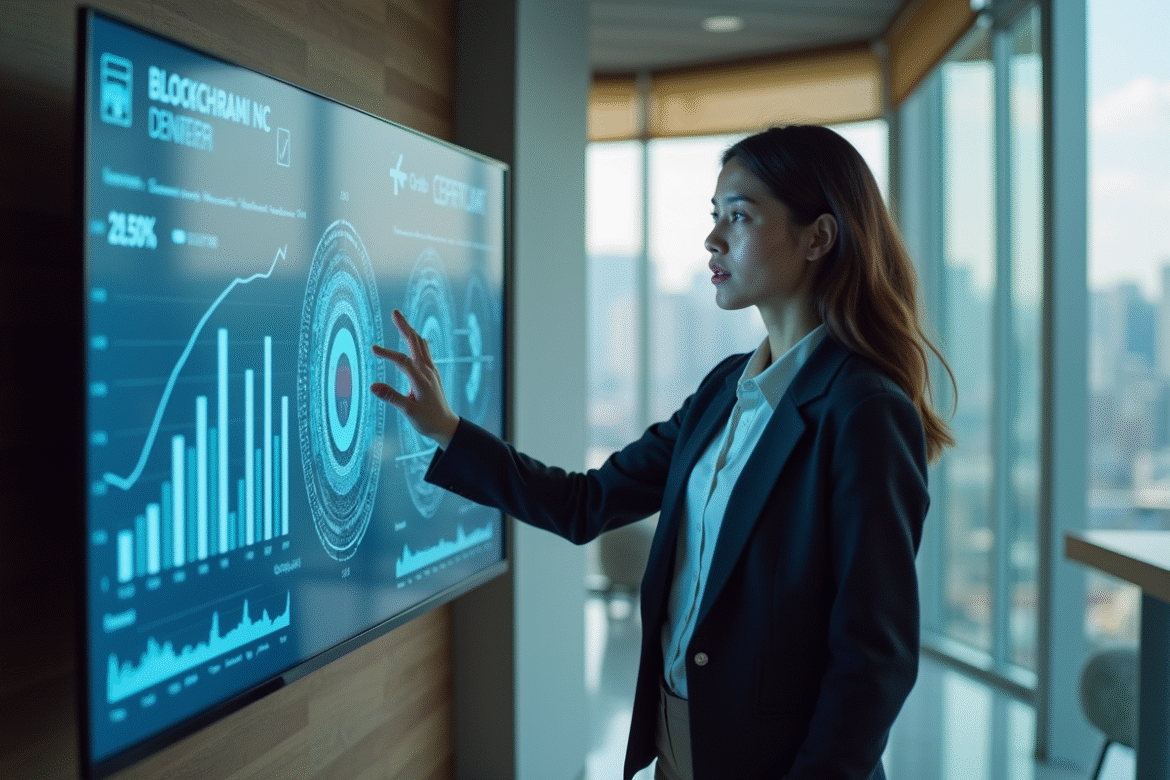 Jeune femme analysant des graphiques blockchain dans un bureau