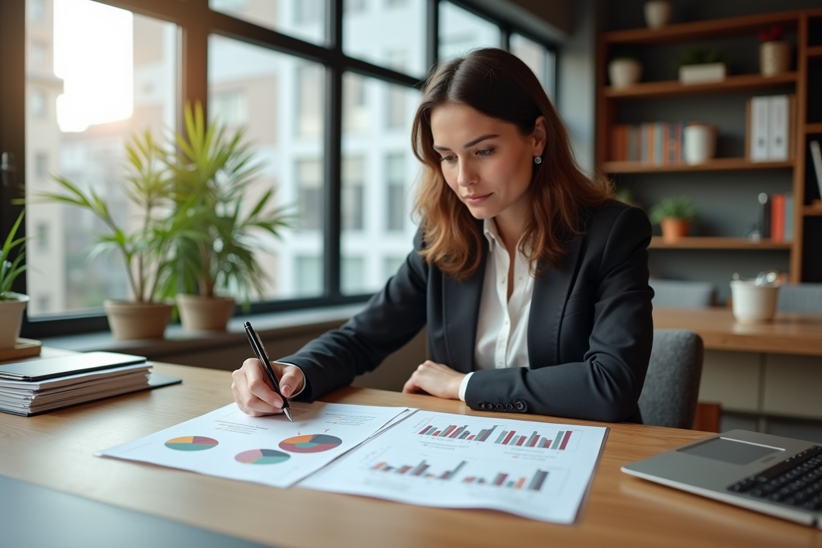 Femme professionnelle examinant des documents financiers dans un appartement moderne