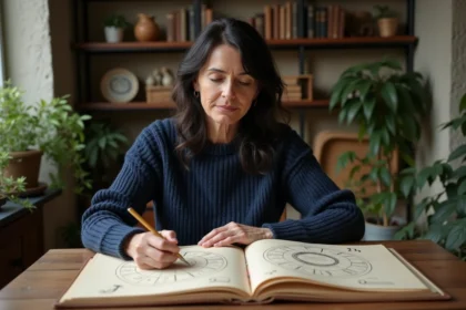 Femme méditative avec calendrier lunaire et symboles astrologiques