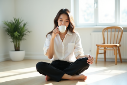 Jeune femme en blanc sirotant du thé dans un salon lumineux