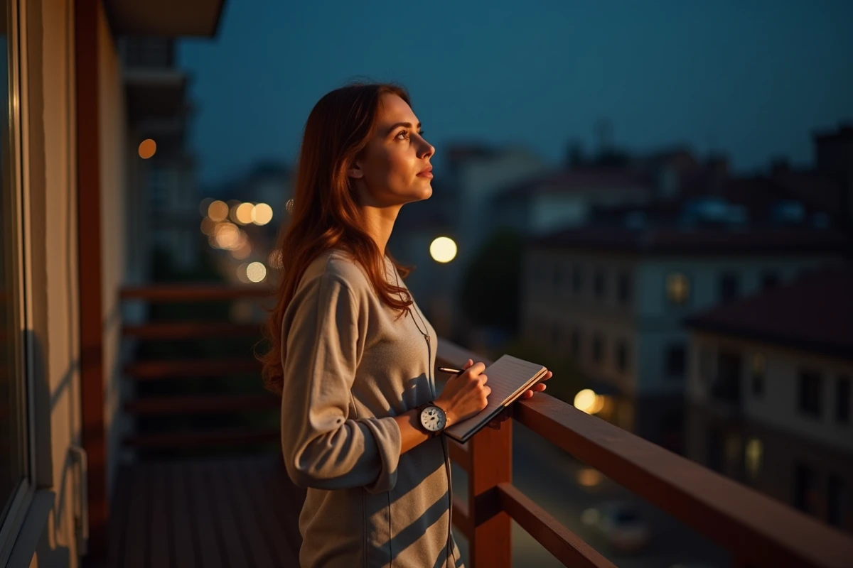 Jeune femme sur un balcon à 05h55 avec un carnet, explorant la signification amoureuse et les peurs intérieures liées aux heures miroirs