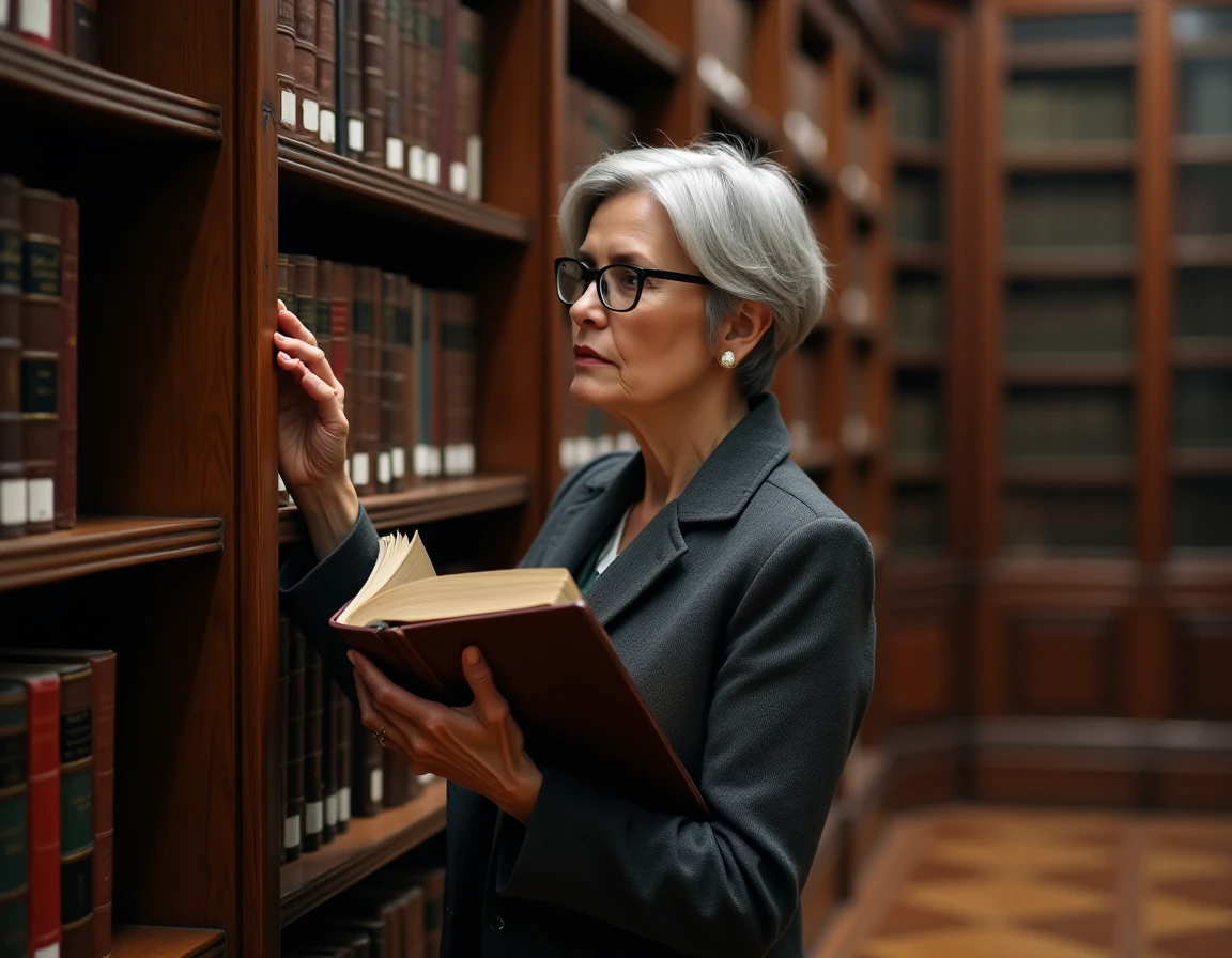 Femme cherchant un ouvrage de référence juridique dans une bibliothèque de droit pour préparer ses démarches légales