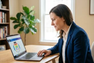 Femme consultant un site de billetterie en ligne sur son ordinateur portable dans un bureau moderne