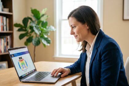 Femme consultant un site de billetterie en ligne sur son ordinateur portable dans un bureau moderne