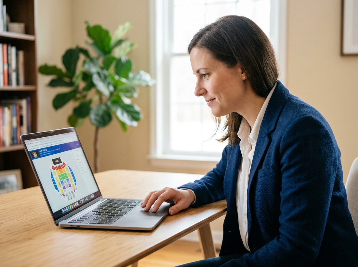 Femme consultant un site de billetterie en ligne sur son ordinateur portable dans un bureau moderne