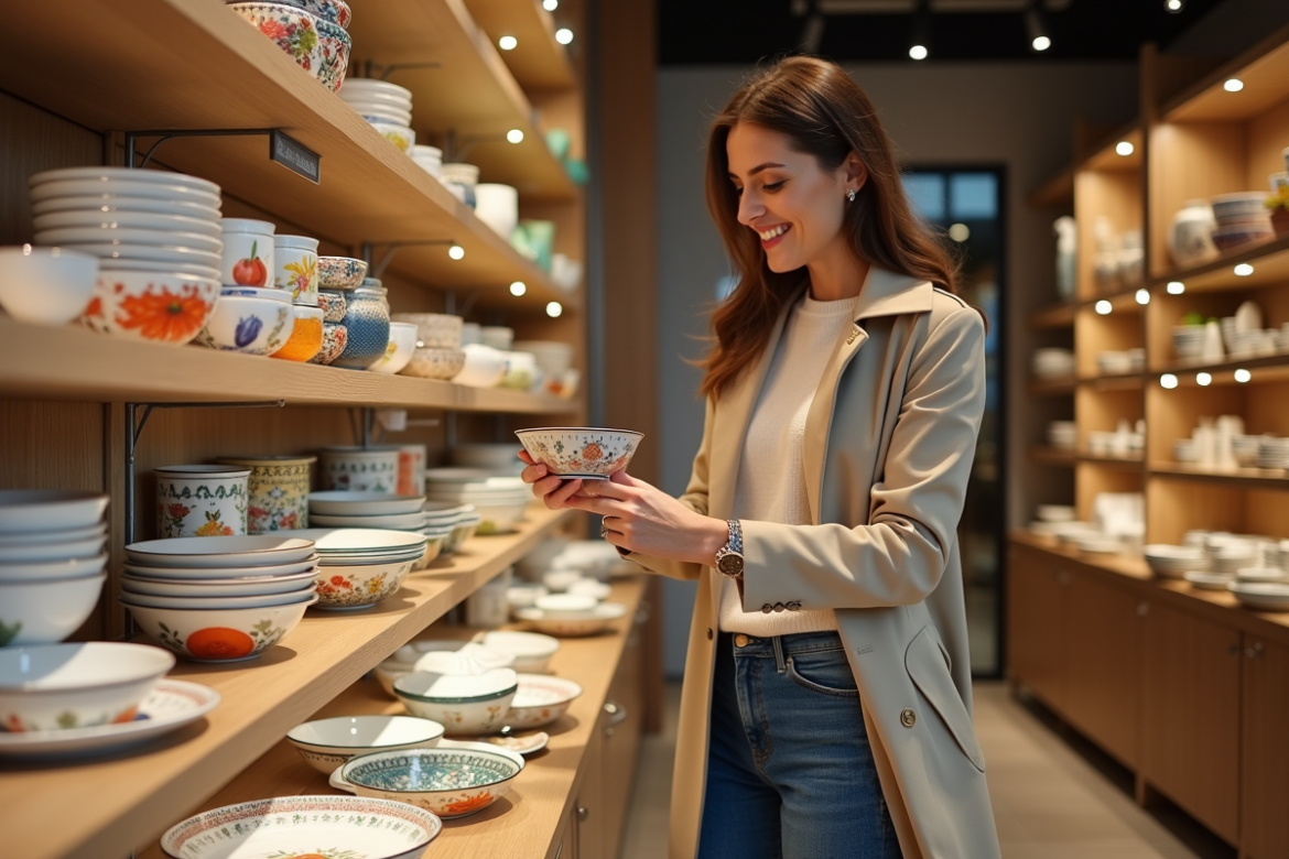 Femme dans une boutique parisienne examine une vaisselle en émail Longwy