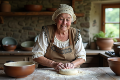Femme bretonne en costume traditionnel préparant la pâte