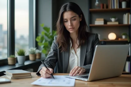 Femme d affaires au bureau regardant ses relevés bancaires