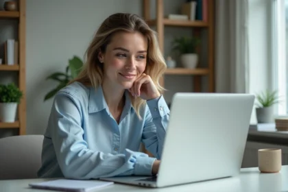 Femme assise à un bureau moderne avec ordinateur portable