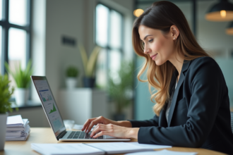 Femme en bureau moderne utilisant logiciel de paie
