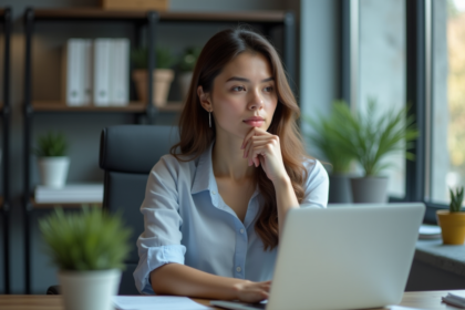 Jeune femme au bureau travaillant sur un ordinateur portable