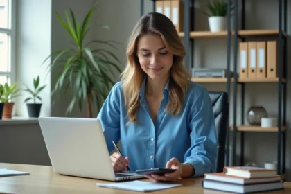 Femme professionnelle en bureau avec ordinateur et carnet