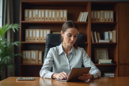 Femme d affaires utilisant une tablette dans un bureau organisé