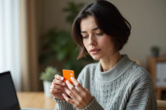 Femme tenant une carte SIM Orange entre ses doigts devant un bureau à domicile