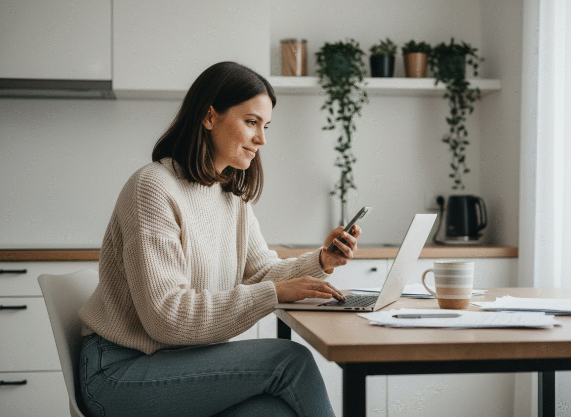 Femme détendue utilisant son ordinateur à la maison