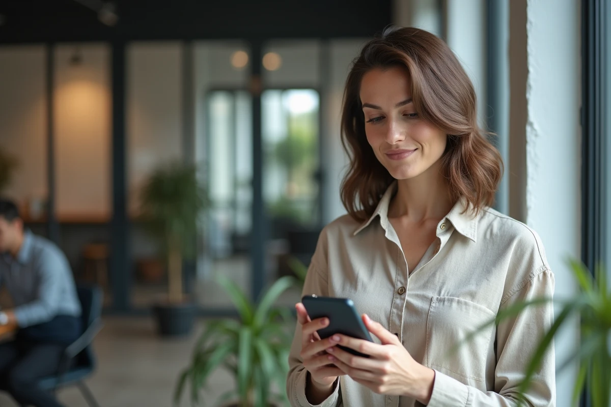 Femme tenant un smartphone affichant une notification de censure, symbole des enjeux de liberté d'expression sur les plateformes alternatives