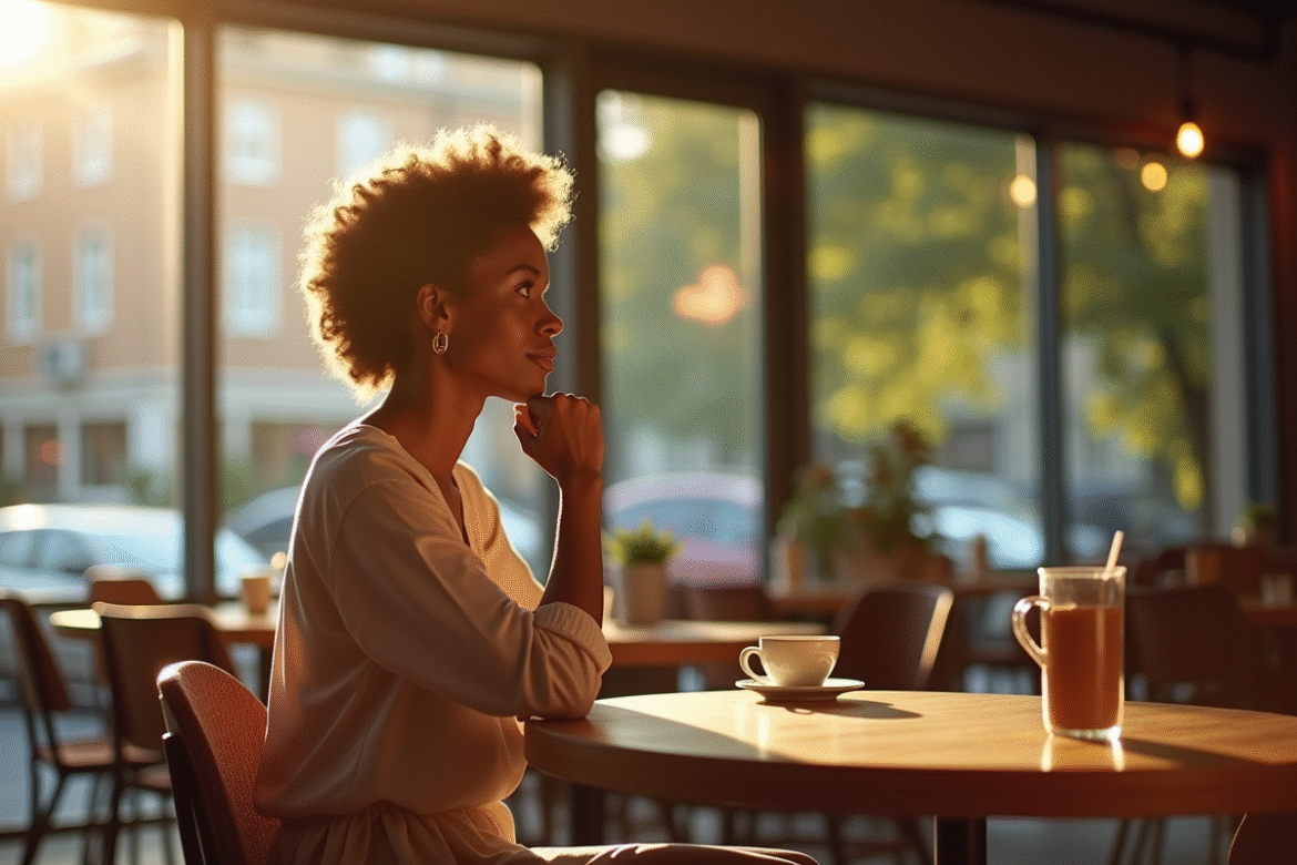 Femme confiante assise au café avec appareil photo DSLR