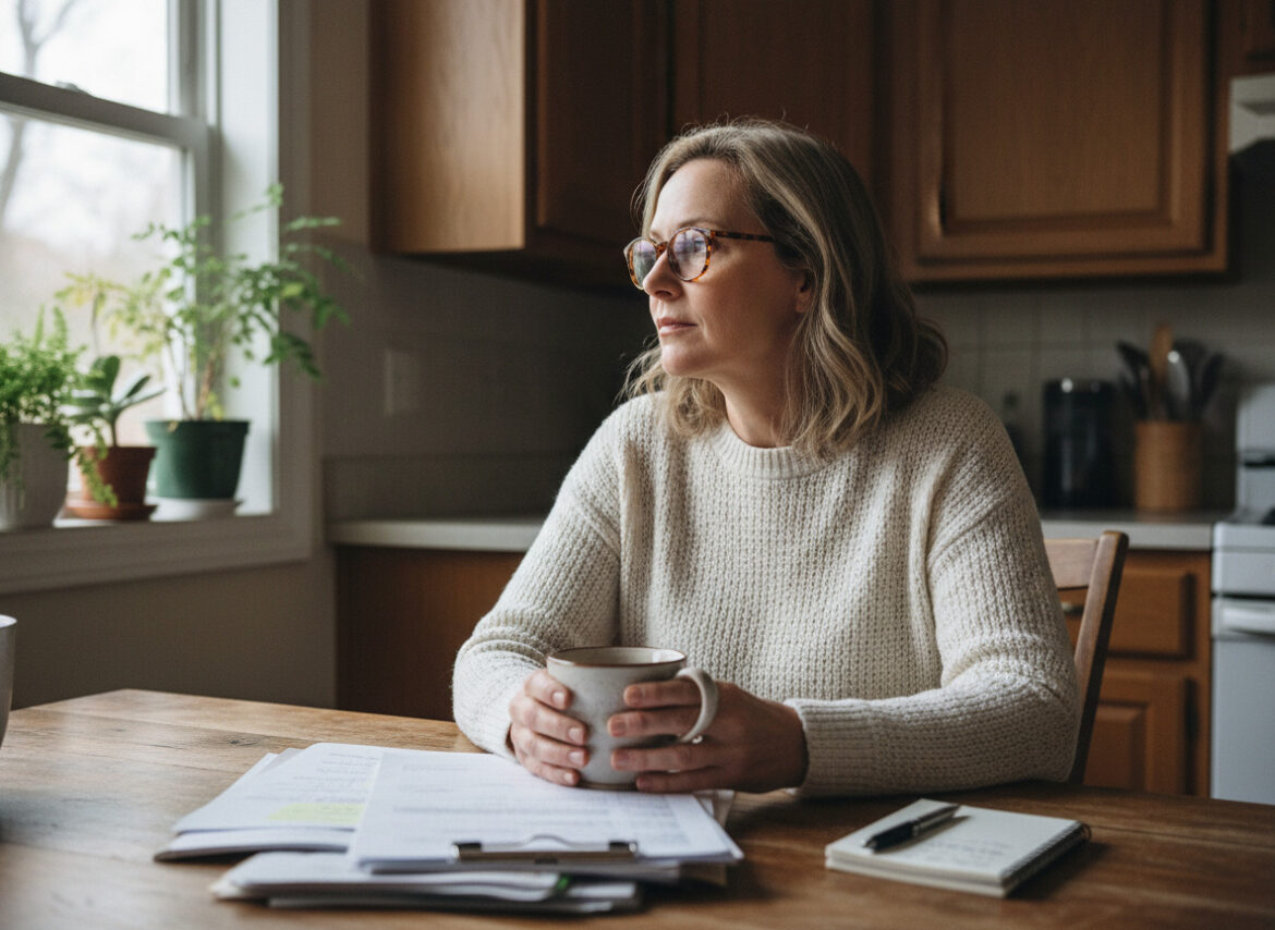 Femme d'âge moyen dans sa cuisine chaleureuse lisant