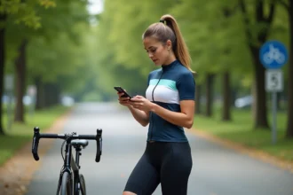 Femme en vélo urbain utilisant son smartphone pour un outil de conversion