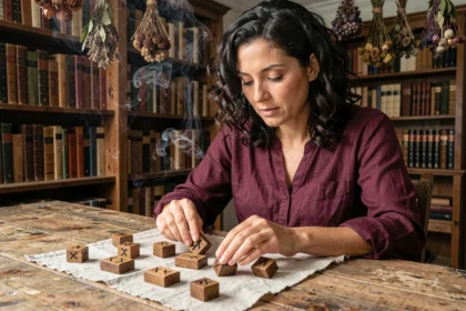 Femme lisant des runes en bois sculptés sur un tissu de lin dans un bureau aux étagères remplies de livres anciens, atmosphère intimiste pour la divination moderne