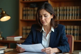 Femme consultant des documents juridiques à son bureau à domicile pour préparer ses démarches légales