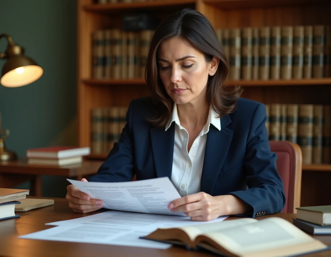 Femme consultant des documents juridiques à son bureau à domicile pour préparer ses démarches légales