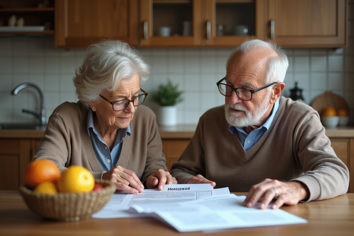Femme d'âge moyen et son père âgé examinent des papiers de maison