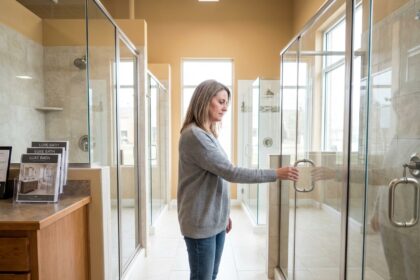 Femme mature examinant une douche moderne dans un showroom