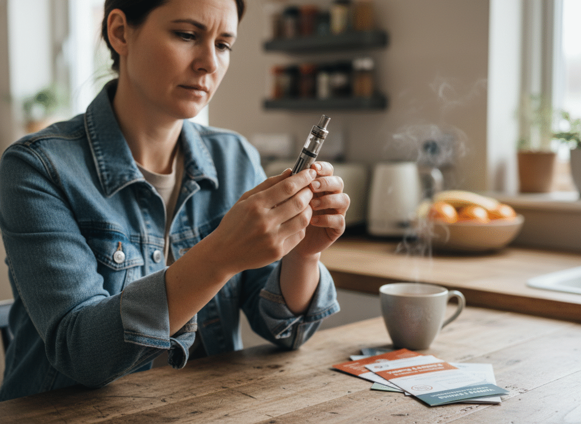 Femme en denim examinant une cigarette électronique