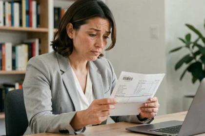 Femme consultant sa facture téléphonique avec l'indicatif 34 visible, assise à un bureau à domicile