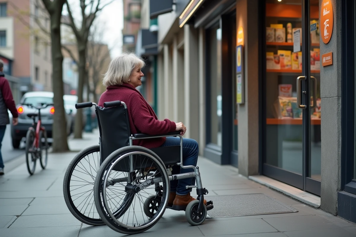 Femme en fauteuil roulant accédant à un point relais Chronopost avec rampe d'accès sur trottoir aménagé