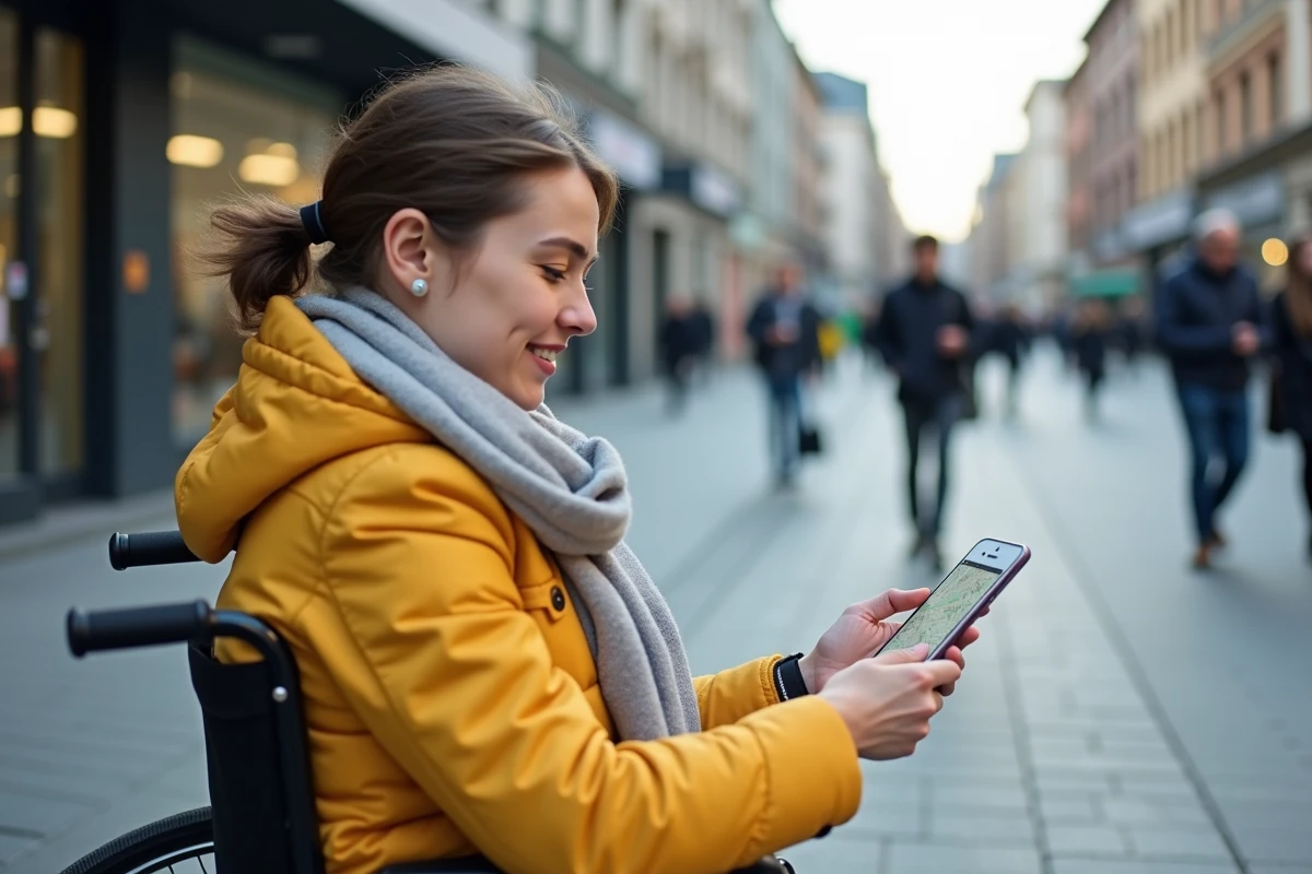 Femme en fauteuil roulant consultant une carte sur smartphone pour trouver un point relais Chronopost accessible