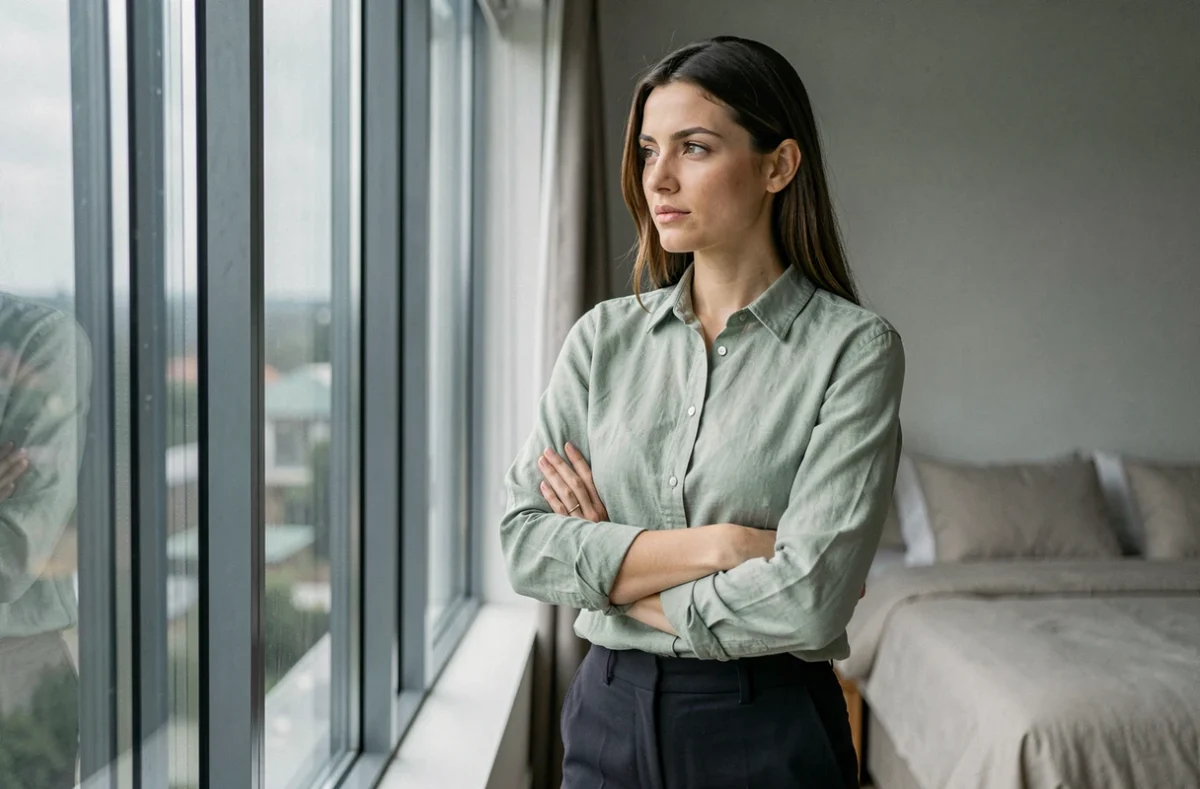 Femme pensive regardant par la fenêtre de son appartement, symbolisant la distance émotionnelle et le questionnement amoureux