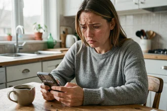 Femme inquiète regardant son smartphone avec un numéro inconnu affiché, assise dans une cuisine, illustrant le harcèlement téléphonique