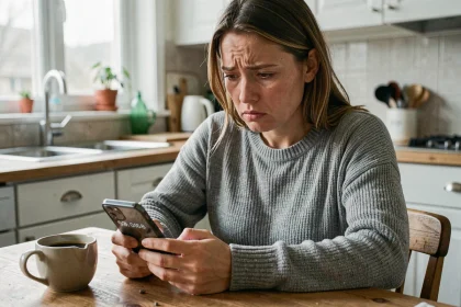 Femme inquiète regardant son smartphone avec un numéro inconnu affiché, assise dans une cuisine, illustrant le harcèlement téléphonique