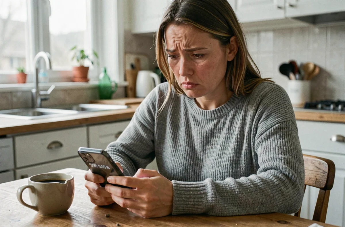 Femme inquiète regardant son smartphone avec un numéro inconnu affiché, assise dans une cuisine, illustrant le harcèlement téléphonique