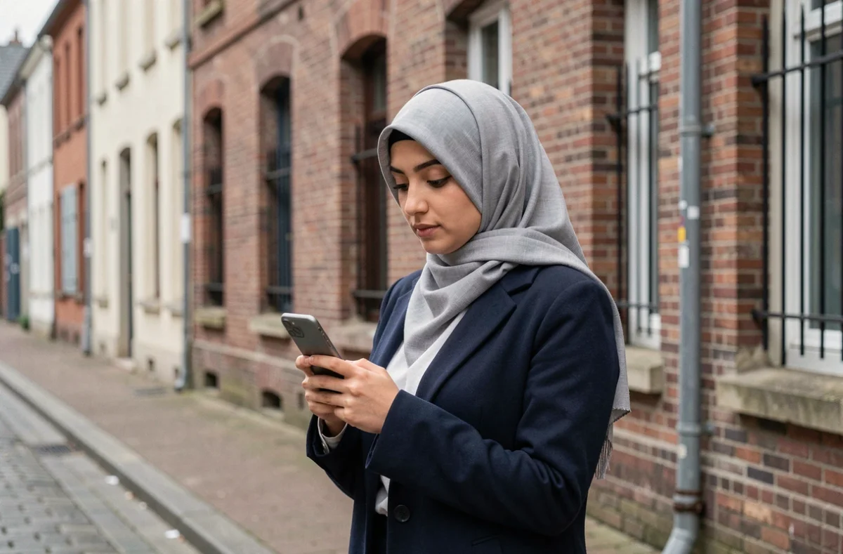 Jeune femme voilée consultant les horaires de prière sur son téléphone dans une rue de Roubaix avec architecture en briques rouges