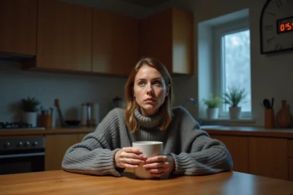 Femme pensive regardant une horloge affichant 05h55 dans une cuisine à l'aube, évoquant les peurs cachées et la signification amoureuse des heures miroirs