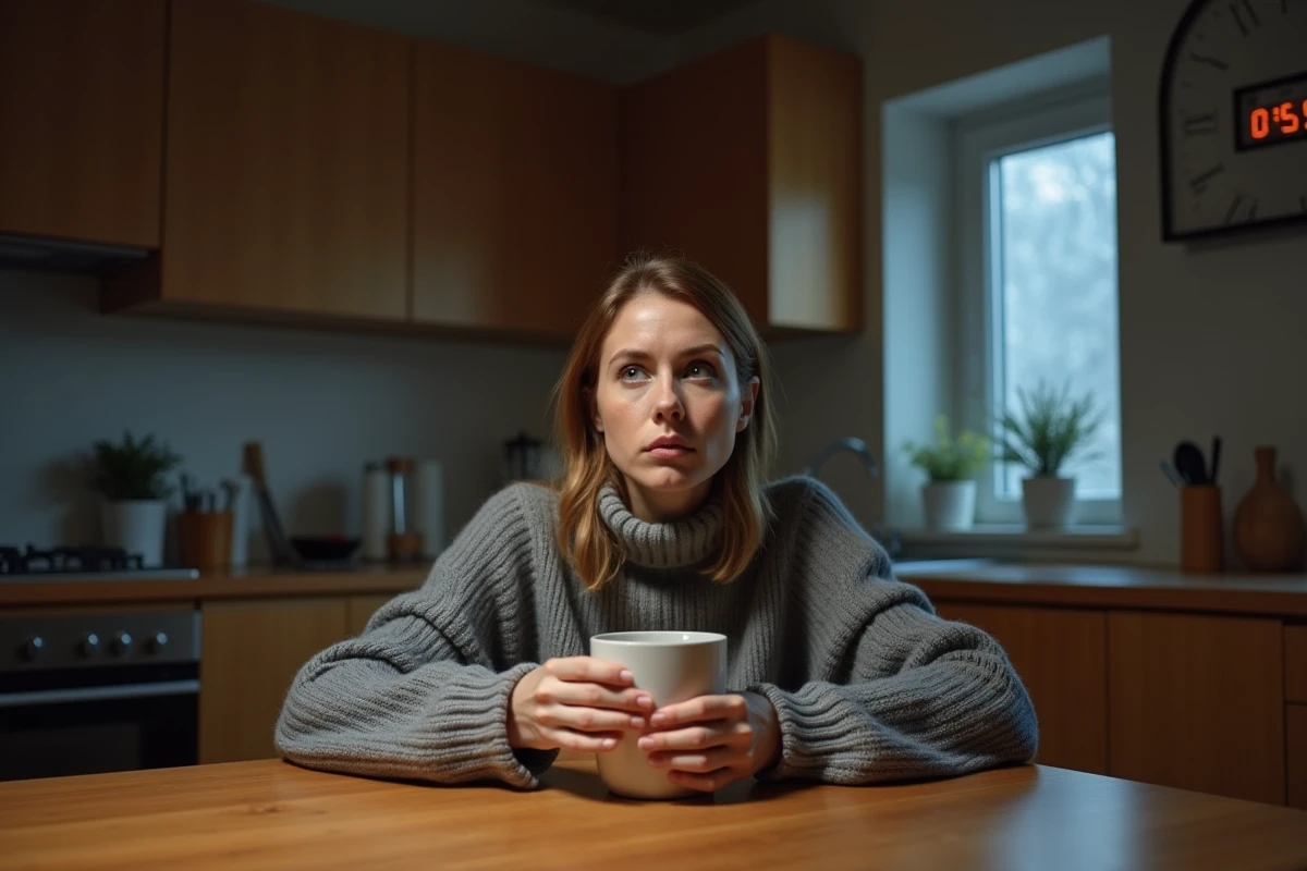 Femme pensive regardant une horloge affichant 05h55 dans une cuisine à l'aube, évoquant les peurs cachées et la signification amoureuse des heures miroirs